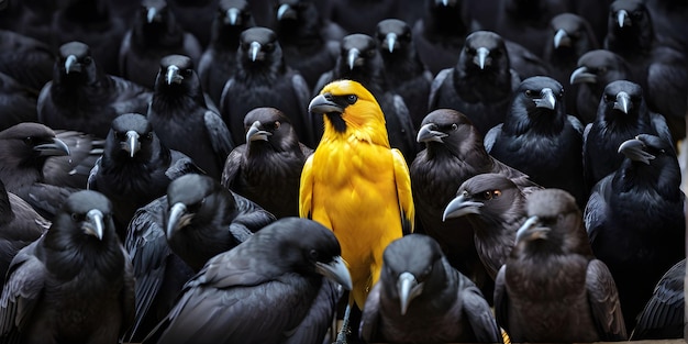 Un corbeau jaune seul parmi une foule de corbeaux noirs concept de se démarquer de la foule en tant que chef