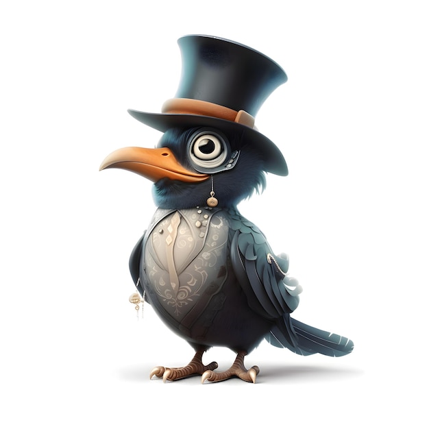 Corbeau mignon en chapeau haut de forme isolé sur fond blanc illustration 3d