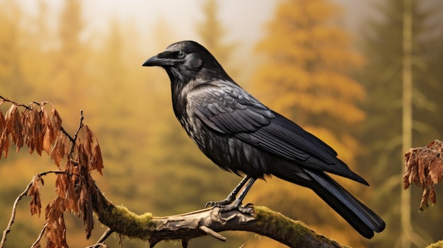 Un corbeau noir assis sur une branche dans la forêt d'automne