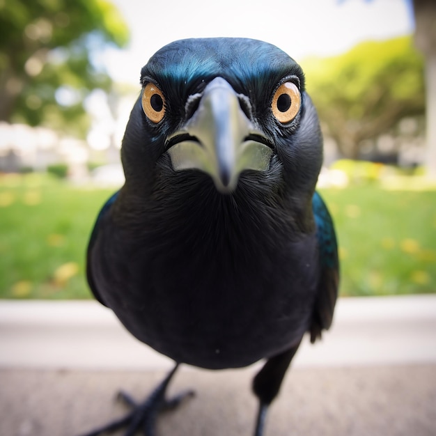 Un corbeau noir aux yeux jaunes et au bec noir.