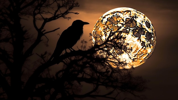 Un corbeau noir est assis sur une branche devant la pleine lune.