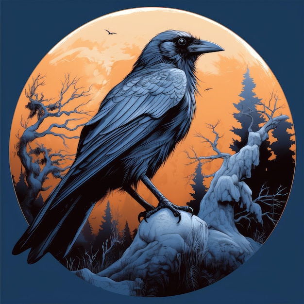 Un corbeau noir est assis sur un rocher devant la pleine lune.