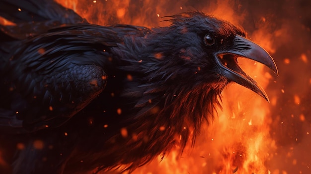 Corbeau d'oiseau avec fond de conception d'illustration de feu