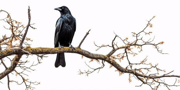 Un corbeau perché sur une branche d'arbre isolé sur un fond blanc Corbeau IA générative