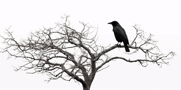 Un corbeau perché sur une branche d'arbre isolé sur un fond blanc Corbeau IA générative