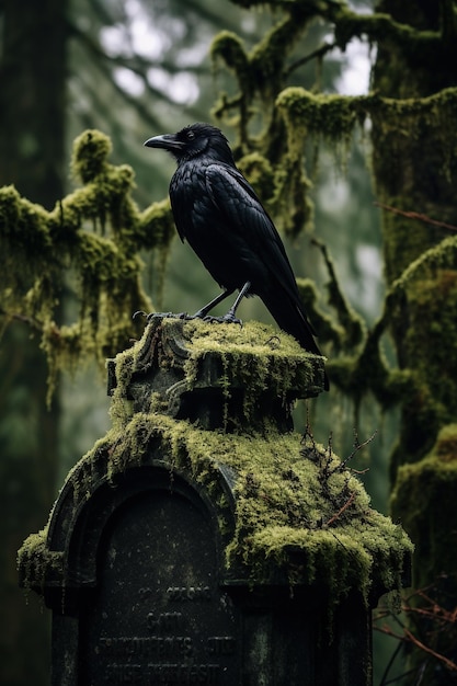 Photo un corbeau perché sur une pierre tombale recouverte de mousse dans un ancien cimetière