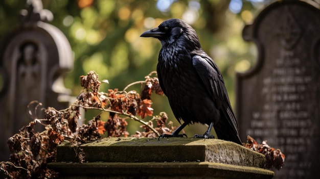 Photo corbeau sur une pierre tombale