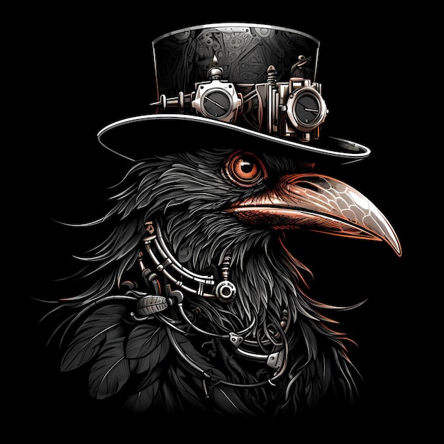 corbeau portant un chapeau steampunk et des lunettes google