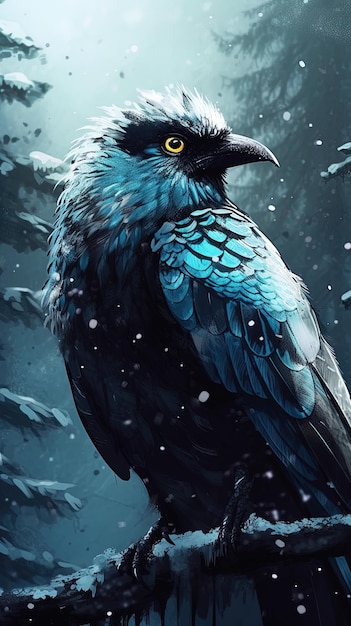 un corbeau avec une tête bleue et des yeux jaunes se tient dans la neige