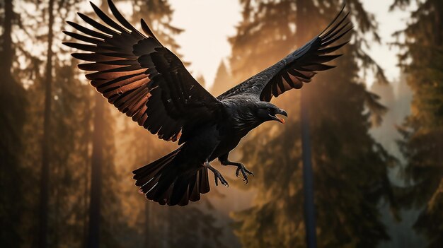 Photo un corbeau volant près d'une forêt