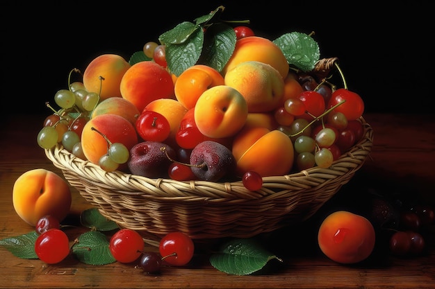 Une corbeille de fruits avec un bouquet de pêches dedans.