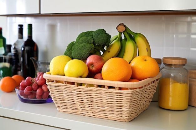 Corbeille de fruits complète sur l'étagère de la cuisine intacte