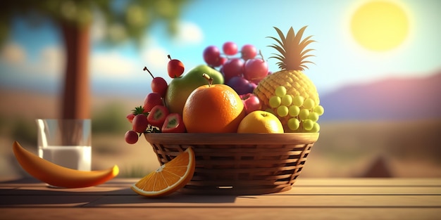 Une corbeille de fruits est posée sur une table devant un ciel ensoleillé.