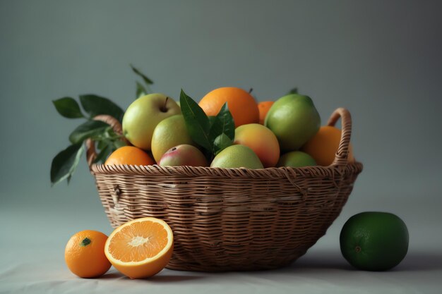 Une corbeille de fruits est posée sur une table avec une feuille verte.