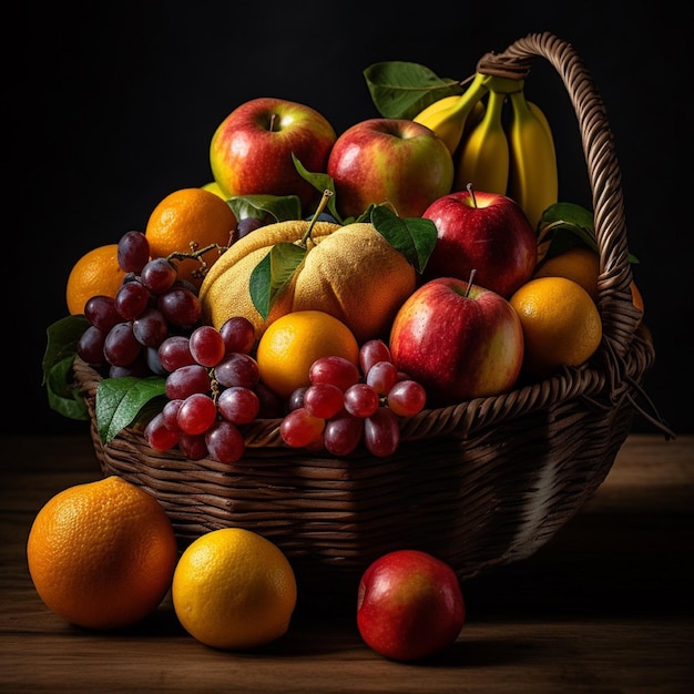 Une corbeille de fruits est posée sur une table à fond noir.