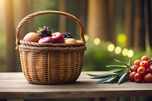 Une corbeille de fruits est posée sur une table avec une plante verte en arrière-plan.