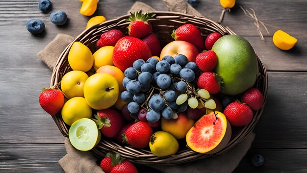 Une corbeille de fruits est posée sur une table.