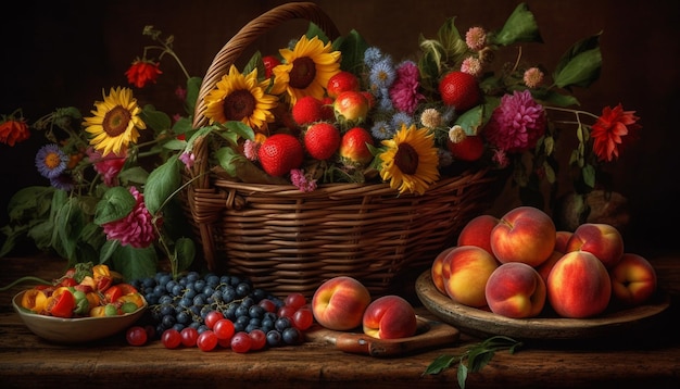 Corbeille de fruits frais sur une table en bois rustique générée par l'IA