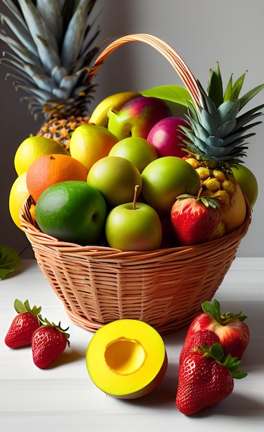 Une corbeille de fruits avec des fraises jaunes sur la table.