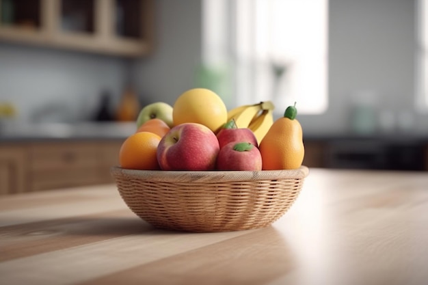 Une corbeille de fruits sur une table avec une banane et des oranges.