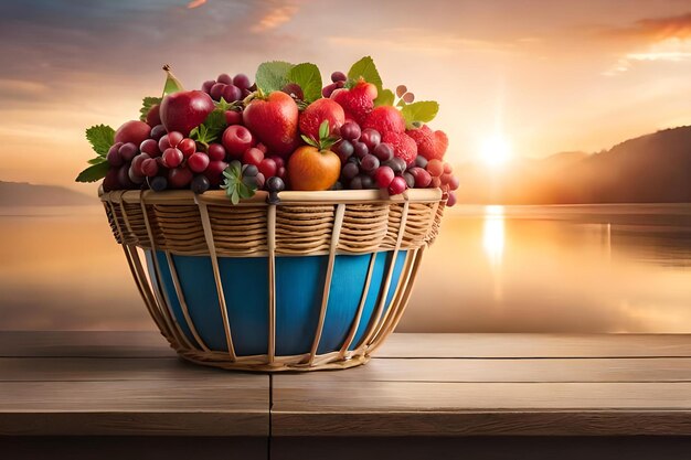 Une corbeille de fruits sur une table avec un coucher de soleil en arrière-plan