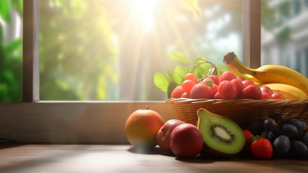 Corbeille de fruits sur une table avec une fenêtre en arrière-plan