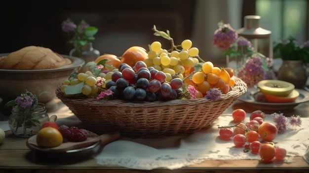 Une corbeille de fruits sur une table avec une grappe de raisin dessus