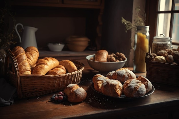 Une corbeille de pain et une bouteille de jus d'orange sur une table.