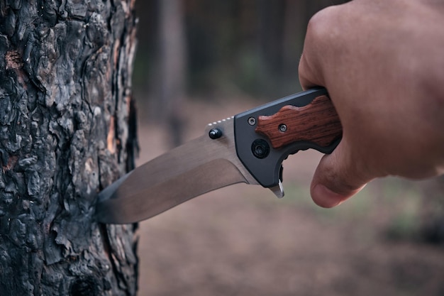 Écorce d'arbre d'extraction pour allumer un feu en forêt avec un couteau tactique de survie et de protection dans des conditions difficiles