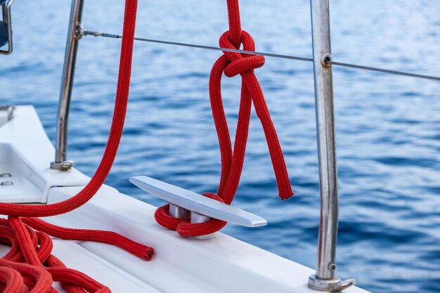 Photo la corde d'amarrage d'un bateau à voile est attachée sur un fond d'eau de mer floue.