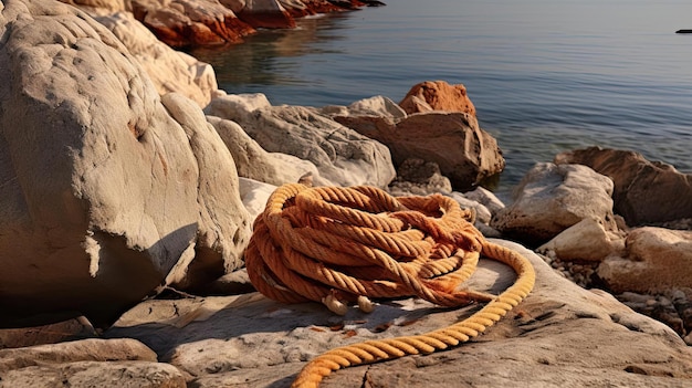 une corde attachée à une corde par un rocher à côté d'un lac et un bateau dans le style de l'orange clair et sombre