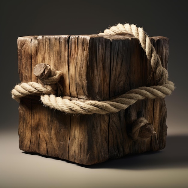 Une corde attachée à un tronc de bois parfaitement cubique.
