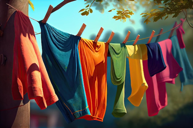 Une corde à linge avec des articles colorés fraîchement lavés suspendus dans la brise