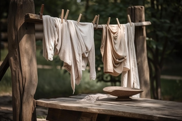 Photo corde à linge en bois rustique avec des serviettes fraîchement lavées et séchées créées avec une ia générative