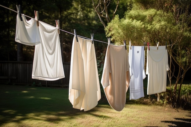 Corde à linge avec des draps fraîchement lavés prêts à l'emploi