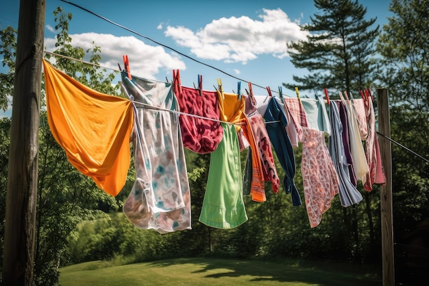 Une corde à linge avec du linge coloré flottant au vent