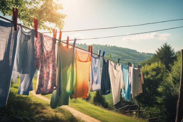 Une Corde à Linge D'été Avec Du Linge Frais Séchant Au Soleil