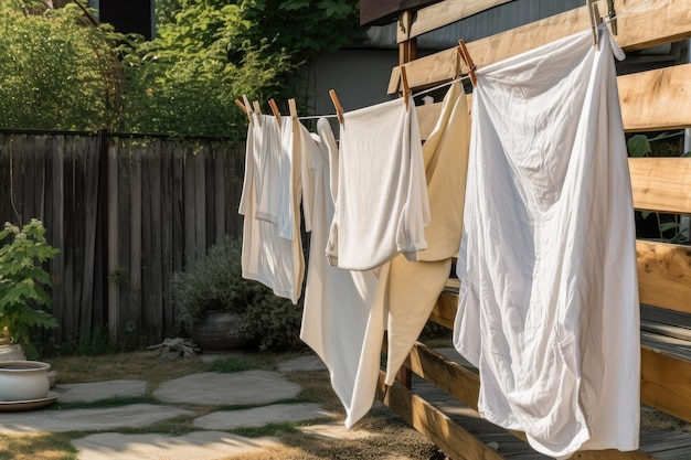 Corde à linge extérieure avec serviettes et draps fraîchement séchés prêts à l'emploi