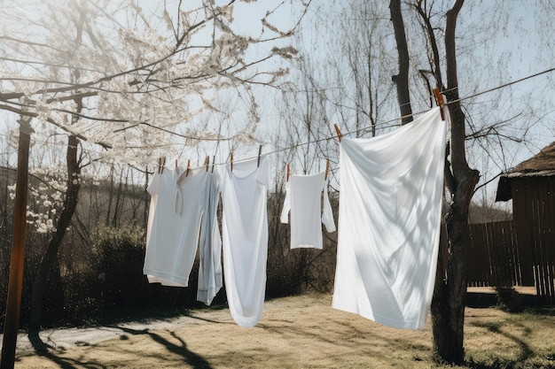 Corde à linge avec des serviettes et des draps fraîchement lavés suspendus au vent créés avec une IA générative