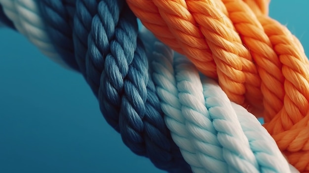 Une corde orange et bleue est enroulée et attachée autour d'une autre corde.