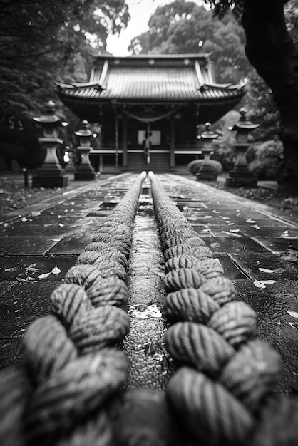 Corde sacrée shintoïste marquant l'entrée d'un espace spirituel la corde se fond dans le sanctuaire