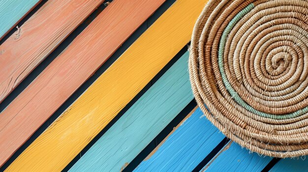 Corde de sisal en forme de cercle sur un fond de lattes de bois