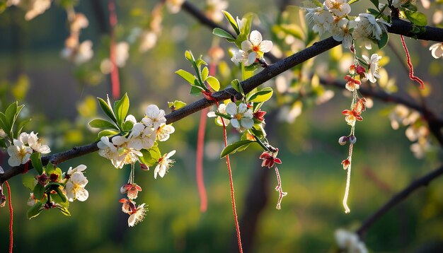 Photo des cordes de martisor attachées aux branches d'arbres fruitiers en fleurs dans un verger roumain