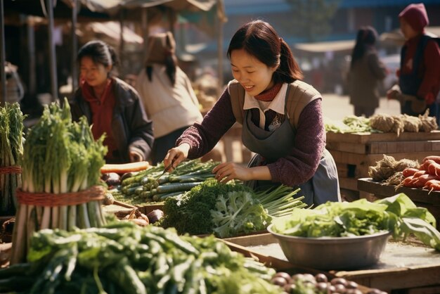 Des Coréens vendant des légumes.