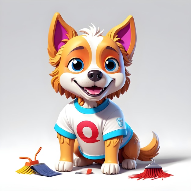 Corgi animé avec des outils de nettoyage Illustration colorée