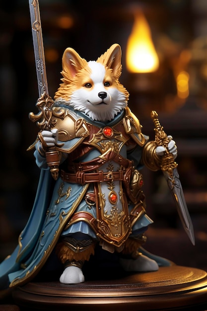 corgi antropomorphe guerrier tenant une épée et un bouclier phtalo haut ornementé et armure dorée