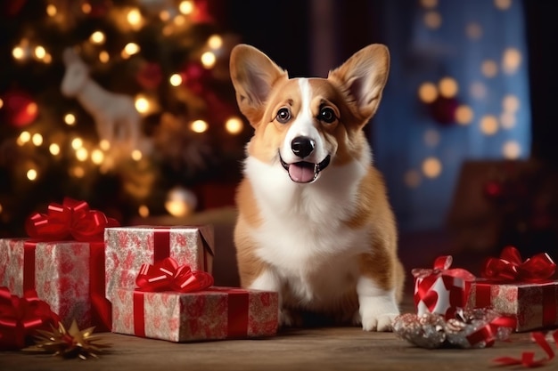 Photo corgi avec des cadeaux de noël et un arbre