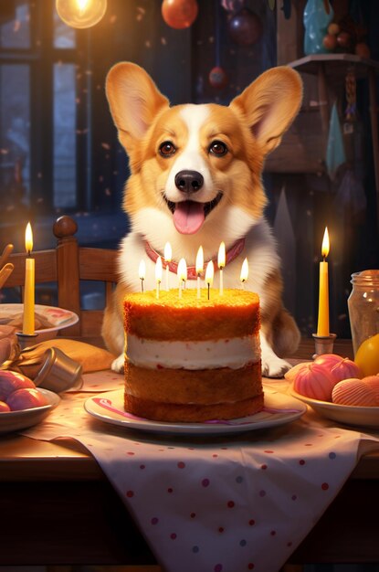 Corgi est assis à une table avec un gâteau et des bougies pour l'anniversaire du chien.