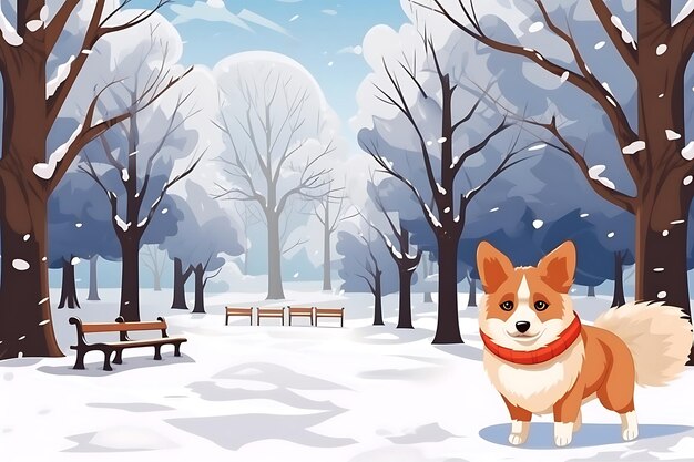 Un Corgi avec un foulard rouge pose sur la toile de fond d'une forêt d'hiver Illustration horizontale