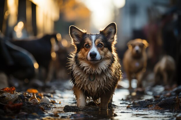 Un corgi gallois en lambeaux marchant dans un bidonville surpeuplé généré par ai